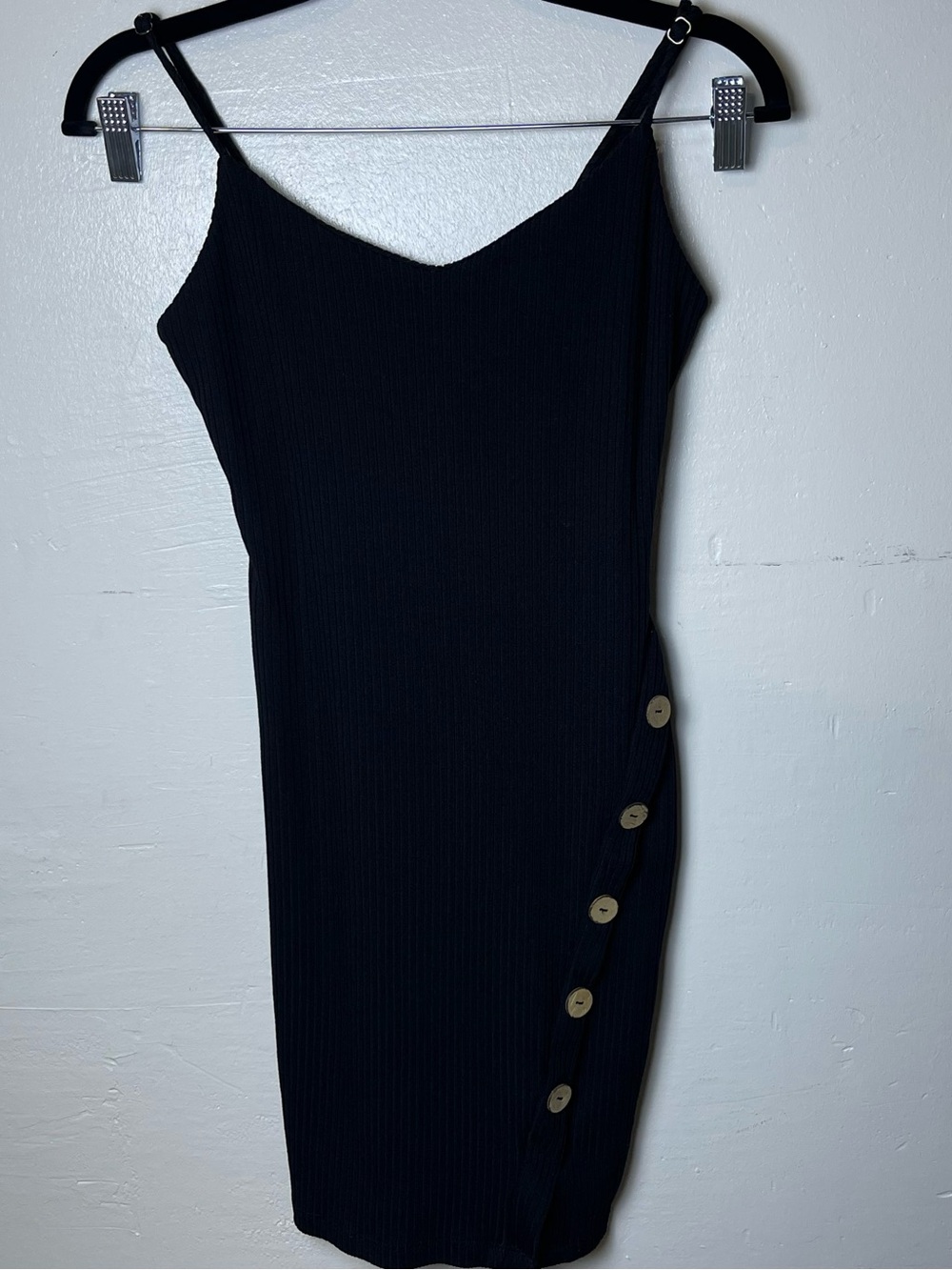 iris Black Midi Slip Dress with Side Button Detail